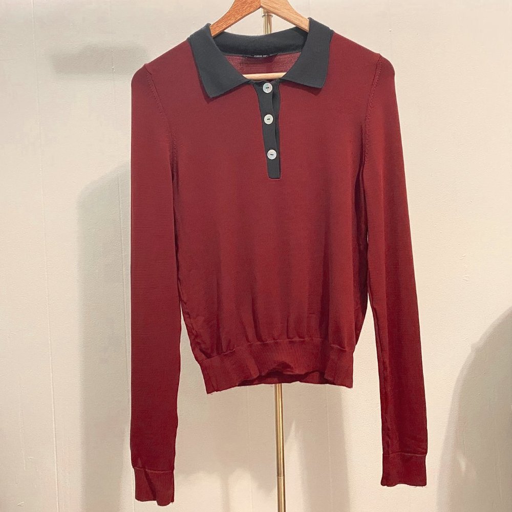 ZARA Knit Burgundy Navy Collared Button-Up Long Sleeve Polo Shirt | Size Medium